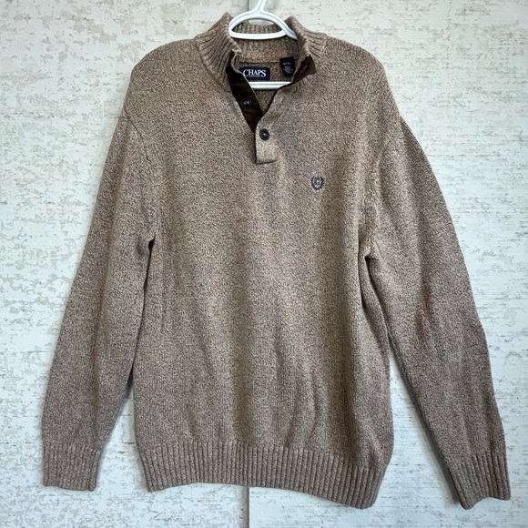Chaps Mens Tan Brown Sweater Sz XL Tall Elbow Patches Button Neck Ribbed Collar - Picture 1 of 16